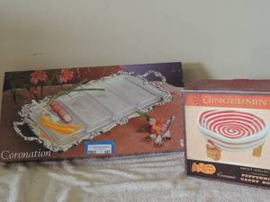 lot 107 image: Coronation 4 glass tray  silver platter meat and cheese tray FB rogers Gingermert Crackerbarrel glass candy bowl ceramic