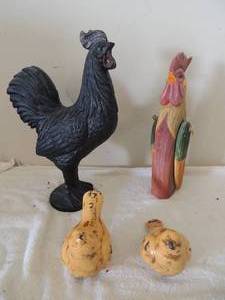 lot 110 image: Black rooster 16 x 10 color rooster statue with moving wings 14x6 2 glass yellow doves