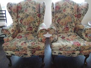 lot 10 image: Floral WING Back chair  34deep x 34w x 48 t  QTY 2