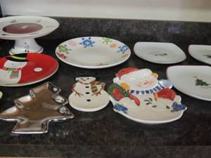 lot 128 image: Christmas lot 4 dcor Fitz and Floyd plates large ironstone snowflake plate 2 giftco Santa plates and snowman sledding plate