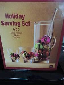 lot 147 image: 4 piece holiday serving set NIB - GLASS PITCHER, 2 GLASSES & STIR STICK