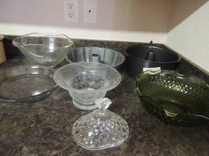 lot 158 image: 2 Bundt pan casserole dish green blown glass bowl and more