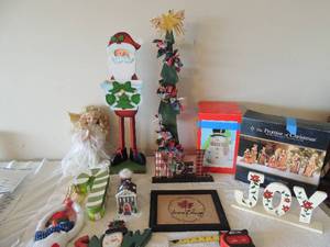lot 18 image: Santa plant stand 27tall 7wide, tree stand wrapped in bows 31 H green candy cane gift box, wooden dcor 12x9 hand crafted seasons Blessings, noel dcor Snowman cookie jar NIB