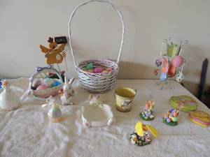 lot 23 image: Hallmark Easter egg candy dish , various Easter eggs plastic and glass Easter tree Easter basket and more