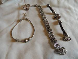 lot 186 image: Brighton Bracelet  - Interlocking hearts,   brighton ring lg pink stone     chain with 3 barrel beads      LEather and silver heart   4 ITEMS
