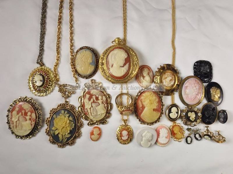 lot 100 image: Cameo, jewelry, necklace, brooch, pin, earrings
