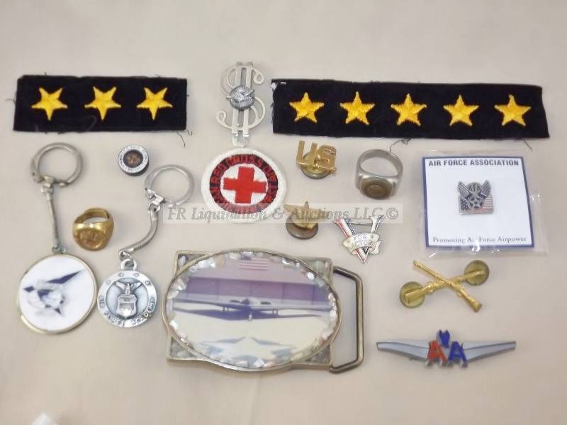 lot 107 image: Military, jewelry, belt buckle, air force, naval, navy, insignia, American airline, American legion, victory