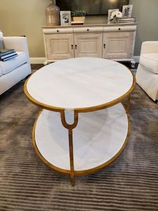 lot 86 image: Oval 2-Tier Marble Coffee Table in Metal Frame