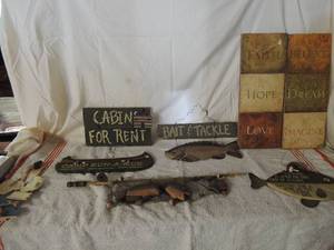 lot 41 image: wall dcor-fish, canoes, pumpkins for sale, cabin for sale, faith hope and love