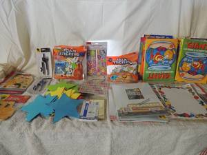 lot 42 image: Large lot of arts and crafts- stickers, plastic compass, index cards, color books, foam stars and stationary o