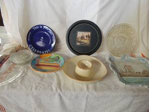 lot 44 image: Lot of serving platters- Sombrero chip and dip, Hot dog, celebration,, 4 crystal designer plates and more