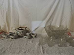 lot 50 image: Japanese teapot no lid, 6 cups, crystal punch bowls with ladle and 8 matching cups