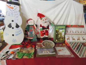 lot 57 image: Christmas bags new an used , 24 yard art,, dancing Santa hand made goodie bags for Christmas large snowman in original box.