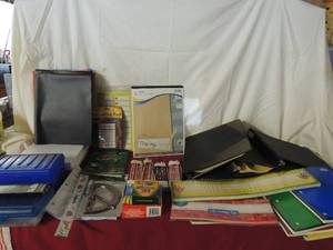 lot 59 image: School supplies-Large lot of notebook paper, pencils, binders, folders, all brand new.