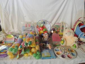 lot 63 image: Easter lot-NIP Easter eggs x 10 packs, 2 dye kits, baskets Easter games and more.