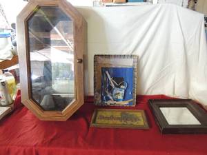 lot 73 image: Wall cabinet with glass shelves, square wall mirror, Budweiser pic, and scrapbook starter kit