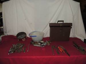 lot 78 image: Various size wrenches, can of assorted screws, assorted pipefittings, screwdrivers, wire cutters and more.