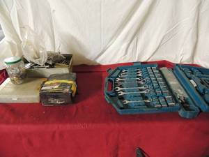lot 81 image: tool set in box- wrenches, screwdriver tips, sockets, screws nuts and bolts