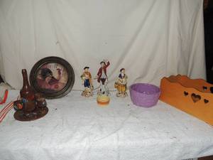lot 100 image: Wooden wine bottle set with wood wine glasses dcor only, 3 Cico Bavaria germany statues rooster clock purple glass bowl wooden hearthside 