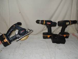 lot 101 image: Ryobi tool lot- 2 drills with charger 18 volt circular saw