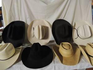 lot 104 image: 8 cowboy hats- R&R white size 7, Baily Rhodes white size6, Lone Star white 6  78, Ashley Black 78, Beaver black 6X, others not branded