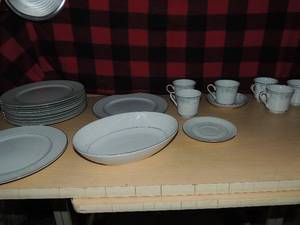 lot 138 image: Blue whisper china 6 tea cups and 1 saucer, Genuine southiche china plates x 9 1 small saucer 1 large serving bowl Oval SW china. All has unique design with silver trim
