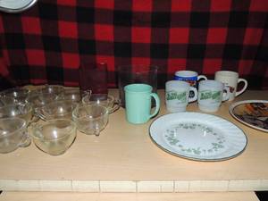 lot 141 image: 11 glass punch  cups, 2 square glass dishes for candy,4 coffee cups, TEAL Corning coffee  cups green leaf Correlle plate with green trim, Mothers day 1983 plate Edwin M. Knowles Plate # 10741H 1983 Bradex # 84-R7o-2.8