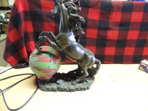 lot 155 image: Horse lamp with globe mane on back head is broken unknown working condition needs TLC