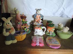 lot 31 image: 2 Hallmark bunny covered candy dishes. Porcelain carrot Easter house x2,2 dcor bunniesm8-10 tall kids bunny jump rope and Easter egg tic-tac-toe.