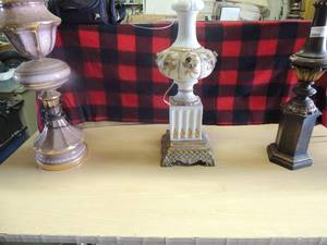 lot 163 image: 3 large lamps 16 to 25 one is gold and white light fixture needs repair, gold shelf lamp, dove brown floral lamp