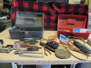lot 162 image: tool lot some items are pliers, screwdrivers, AA batteries chargers  hose clamps    buffalo impact driver    2 small tool boxes