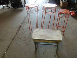 lot 166 image: 3 orange plant stands with small white broken step stool