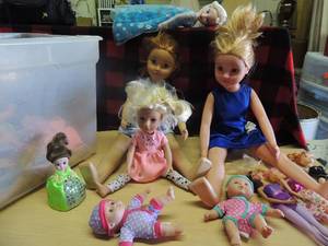 lot 180 image: Clear tote full of dolls like baby and Barbie