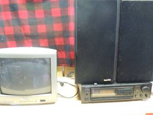 lot 196 image: Orkyo Surround sound, turner amplifier, 2 paradigi speakers 16 Sanyo TV no remote