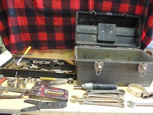 lot 204 image: Great tool box full of assorted tools- wrenches, sockets, screwdrivers, clamps, staple gun and much more