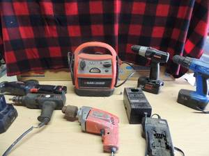 lot 212 image: various hand drills some with chargers. Craftsman double blade multi purpose saw.