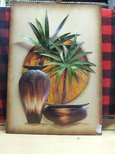 lot 217 image: 33 x 24 metal decorative picture metal flower pot with metal green leaves
