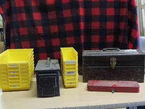 lot 219 image: Brown metal tool box, stackable storage containers, metal ammo box used gun cleaning kit