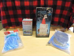 lot 225 image: 25 x 38 winch rope NEW start up chemical kit NEW blue foot pump for kiddie pool NEW pool guard safety buoy pool alarm in original in original box (used)