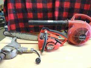 lot 230 image: Homelite red yard leaf blower    Homelite super 2 red chain saw,   drill
