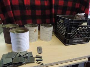 lot 231 image: 4 large coffee cans of nails all sizes, large staples, scrapper knife, black milk crates full of roofing nails