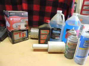 lot 241 image: 8 foot DRYER duct and vent hookup,   windshield wiper fluid    Dextron transmission fluid     roll of furniture wrap