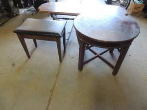 lot 9 image: Small oval coffee table 26 diameter  22 High.   long couch table 5 feet long x 29 wide x 16 high   &  piano seat