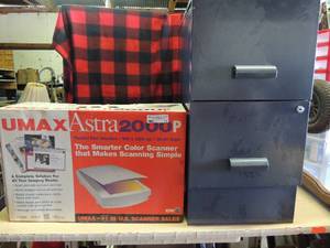 lot 13 image: Blue 2 drawer filing cabinet    new u-max ustra 200 scanner