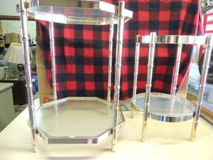 lot 22 image: 2 tier heavy metal tables - hexagon shape gold in color glass top and bottom  2 feet high,    ROUND 2 TIERED  20.5 high