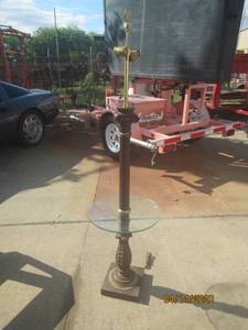 lot 24 image: VINTAGE WOOD BRASS MARBRO FLOOR LAMP WITH GLASS TRAY TABLE&nbsp