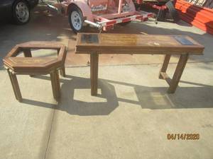 lot 25 image: VINTAGE SOFA TABLE WITH WOOD AND GLASS TOP &amp HEPTAGON WOOD GLASS TOP END TABLE MISSING GLASS&nbspSOFA TABLE&nbsp 58 L X 16 W X 27. H&nbspEND TABLE 28 L X 20.5 H&nbsp