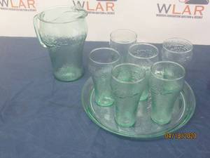 lot 31 image: 8 PC VINTAGE COCA COLA LOT&nbsp-LARGE GLASS PITCHER-6 GLASSES-GLASS PLATTER&nbsp