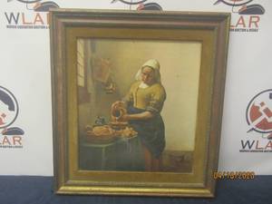 lot 44 image: JOHANNES VERMEER, THE MILKMAID 1660s IN VINTAGE WOOD FRAME