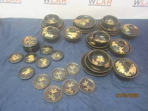 lot 63 image: TOTAL OF 33 PC VINTAGE HAND PAINTED JAPANESE LAQUER DINNERWARE DRINK COASTERS&nbsp